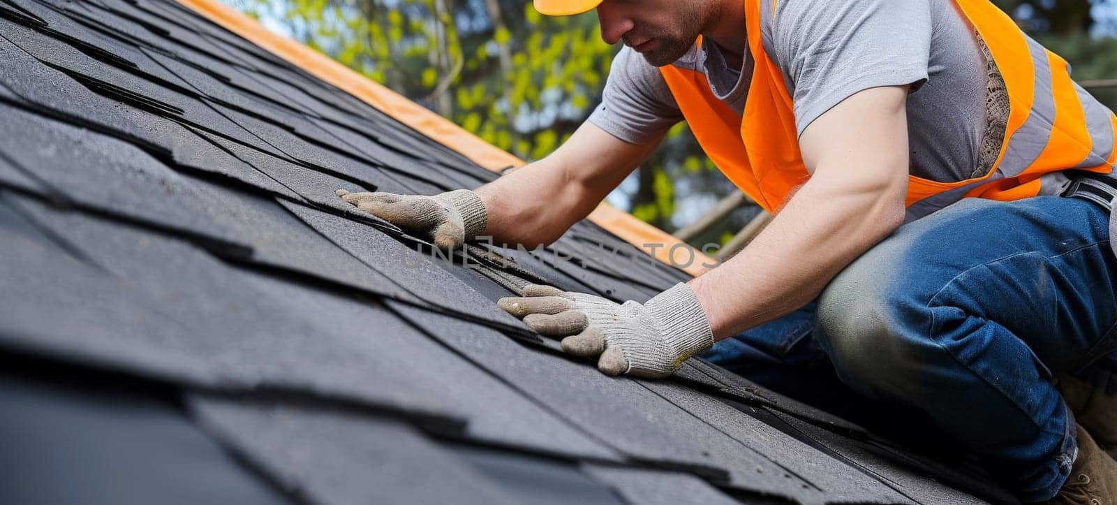 Construction worker hands working on roof tiles installation closeup. Generative AI.