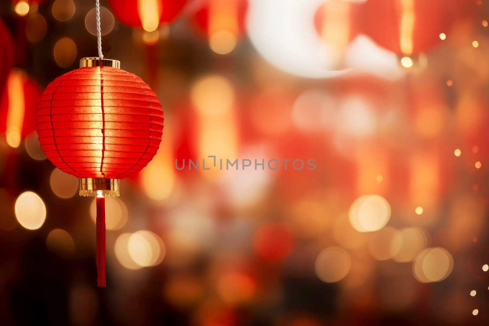 Chinese new year in china town. red lanterns bokeh background . AI generated..