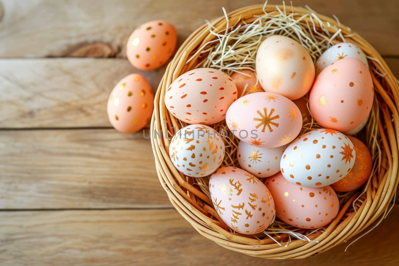 Easter basket with Easter eggs on wooden table , green background. ai generative.