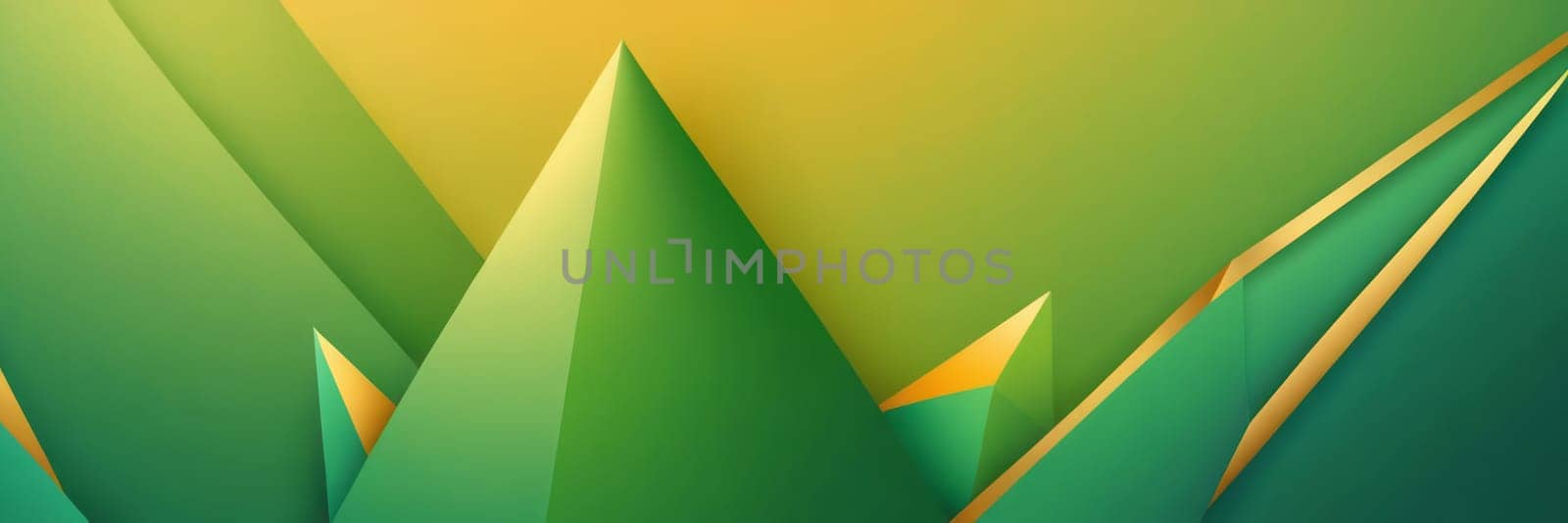 A gradient wallpaper with Conical shapes using green and gold gradient colors. Generative AI.