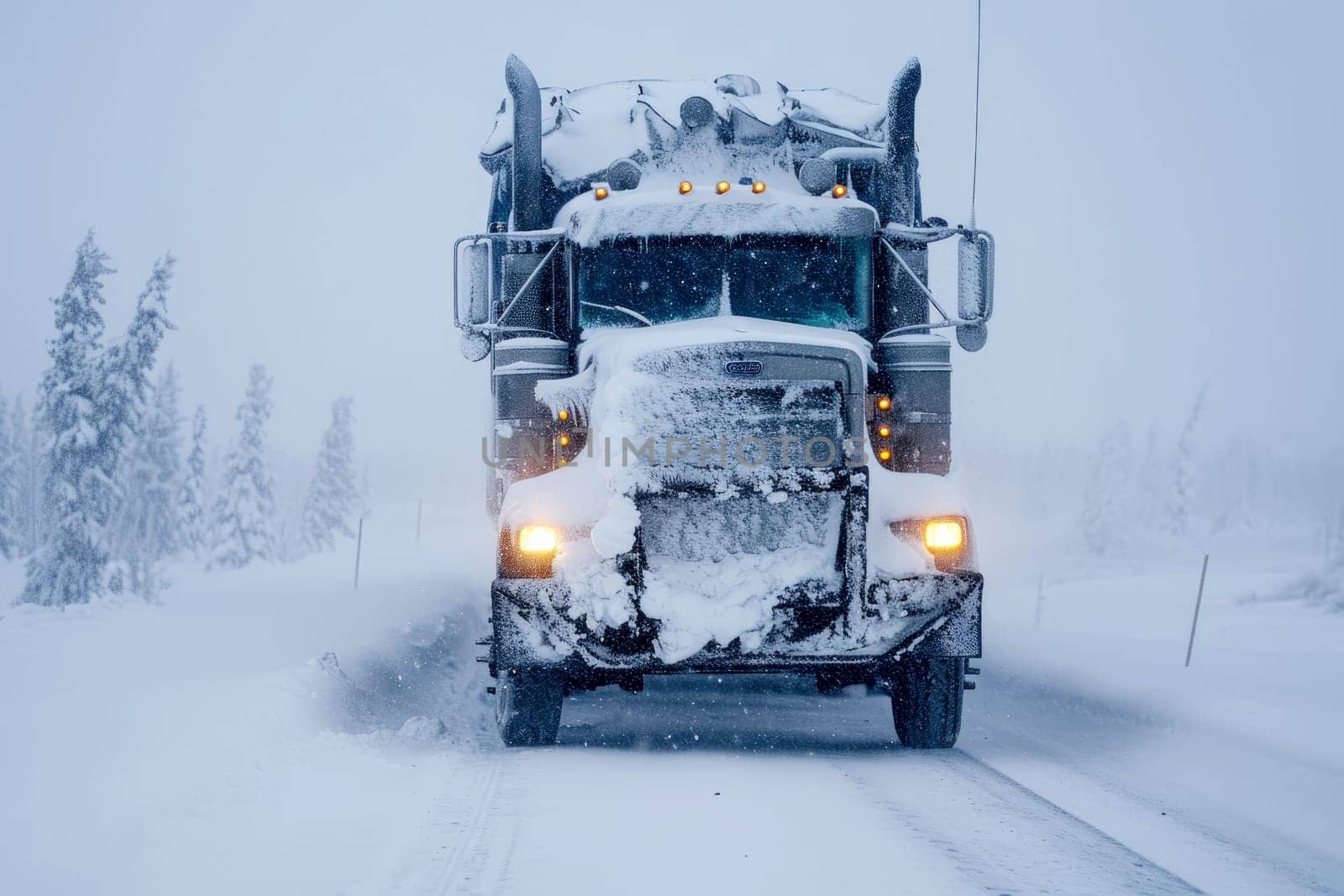 The truck goes on snow in winter conditions, Generative AI.