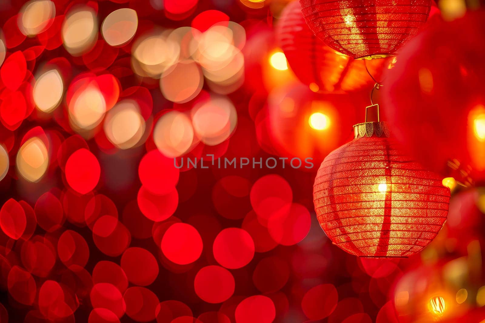 Chinese new year in china town. red lanterns bokeh background . AI generated..