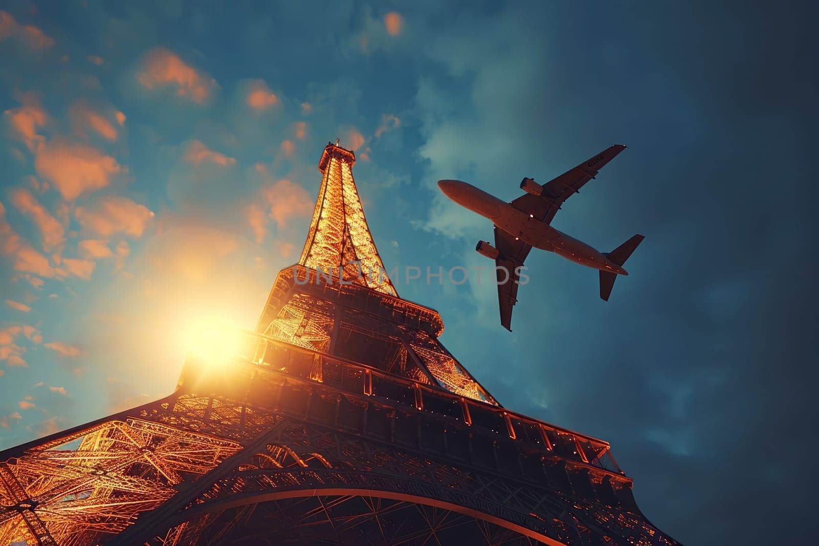 Airplane above Eiffel tower in Paris, c, travel Europe, scenic, relocation.ai generative.