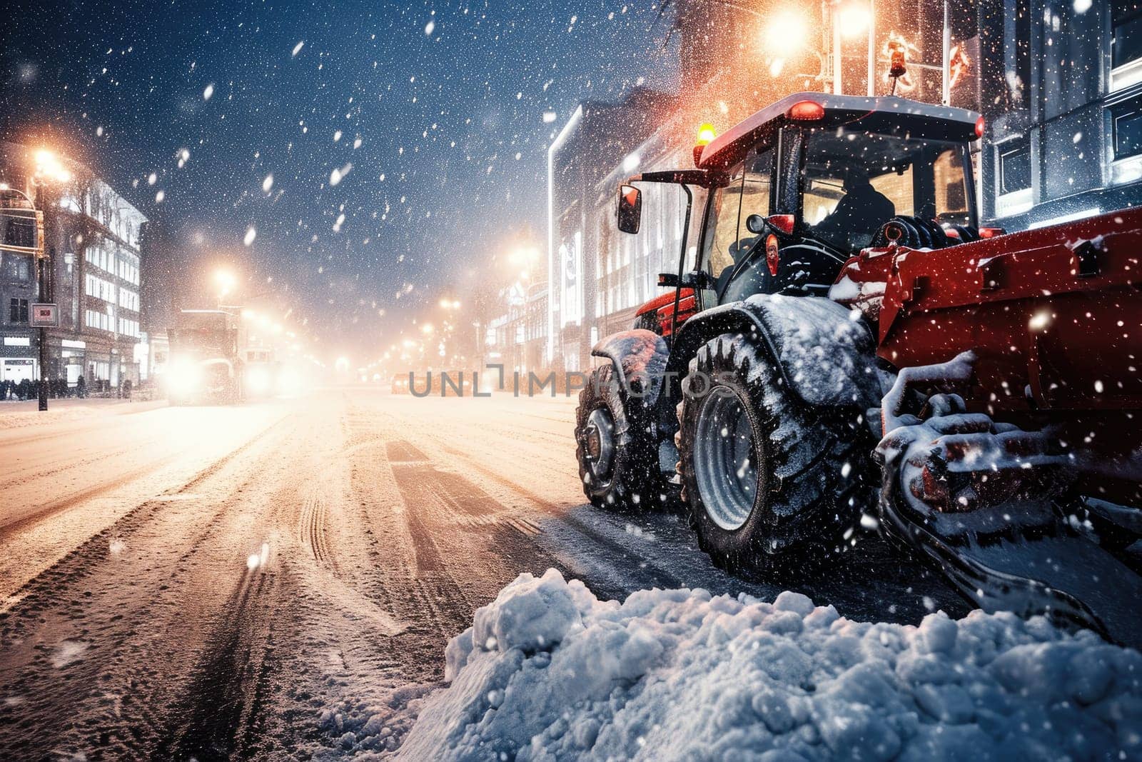 Tractor with Snow Plow Attachment Clearing Snow on Winter . Generative AI by matamnad