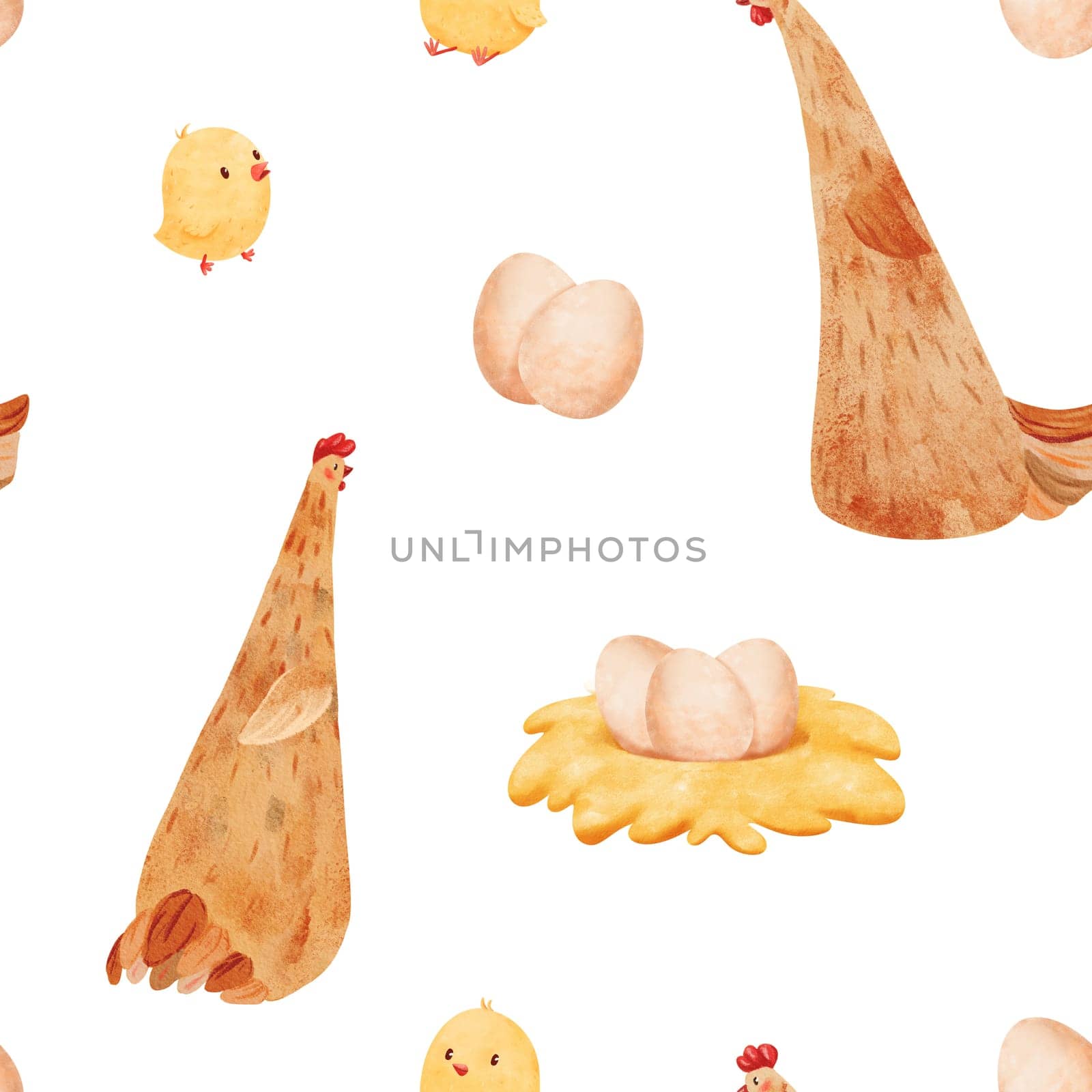 seamless pattern. chicks, a caring hen, eggs, and a nest made of hay, watercolor. spring and farm life, to children's illustrations, for textiles, children's stationery, charm of the season.