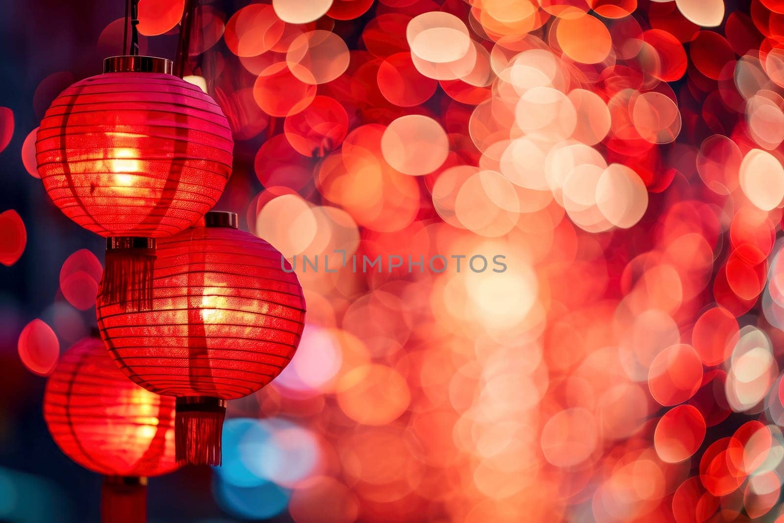Chinese new year in china town. red lanterns bokeh background . AI generated..