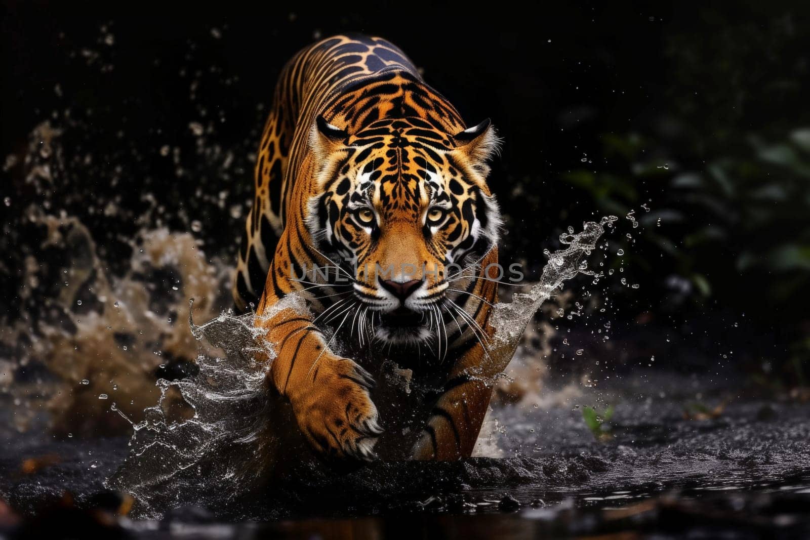 a close up of a tiger in the water with a splash of water on it's face and it's face..