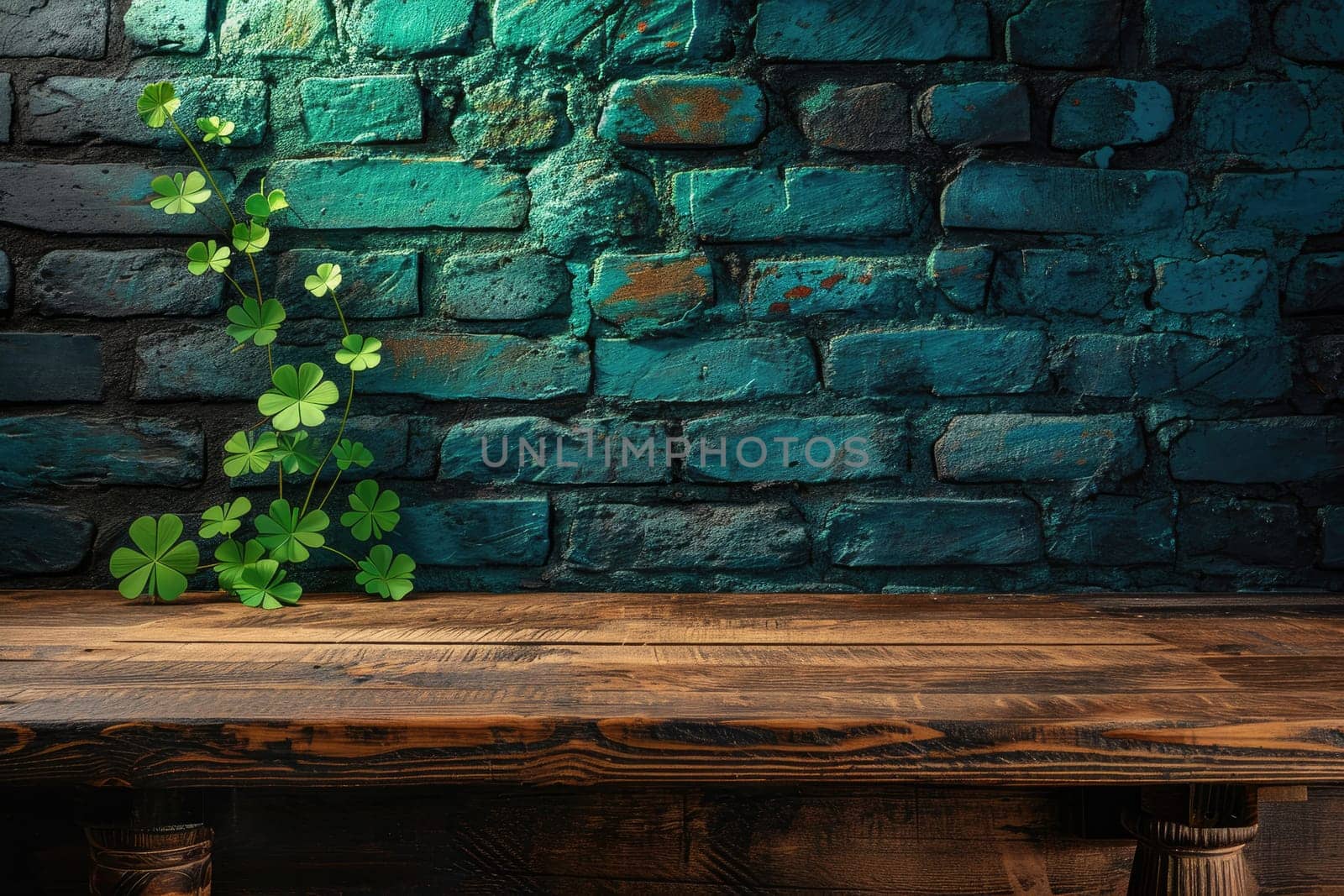 St. Patrick's Day concept. wooden table in front of shamrock leaf background . Generative Ai. by matamnad