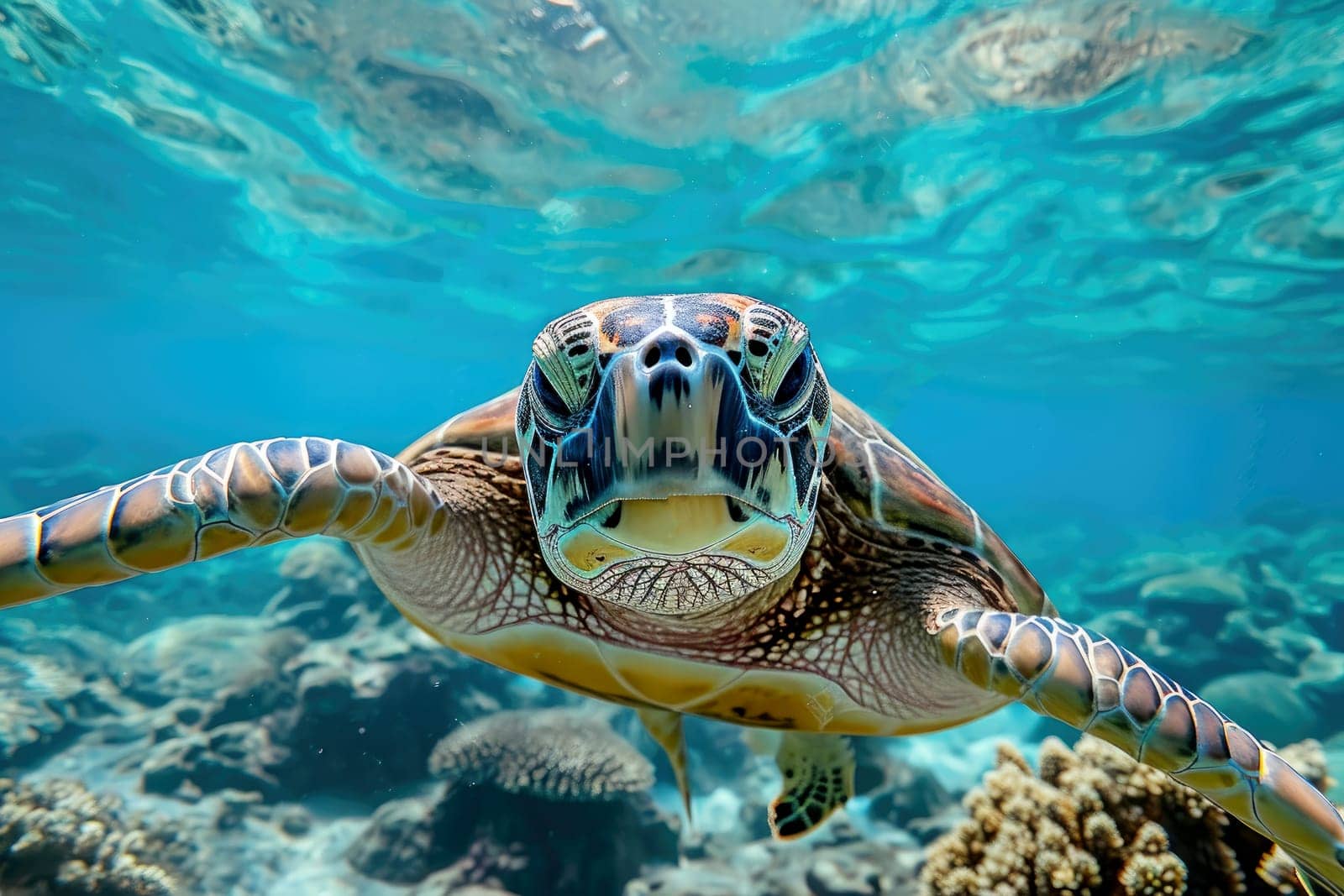 Sea turtle swims under water. Generative AI..