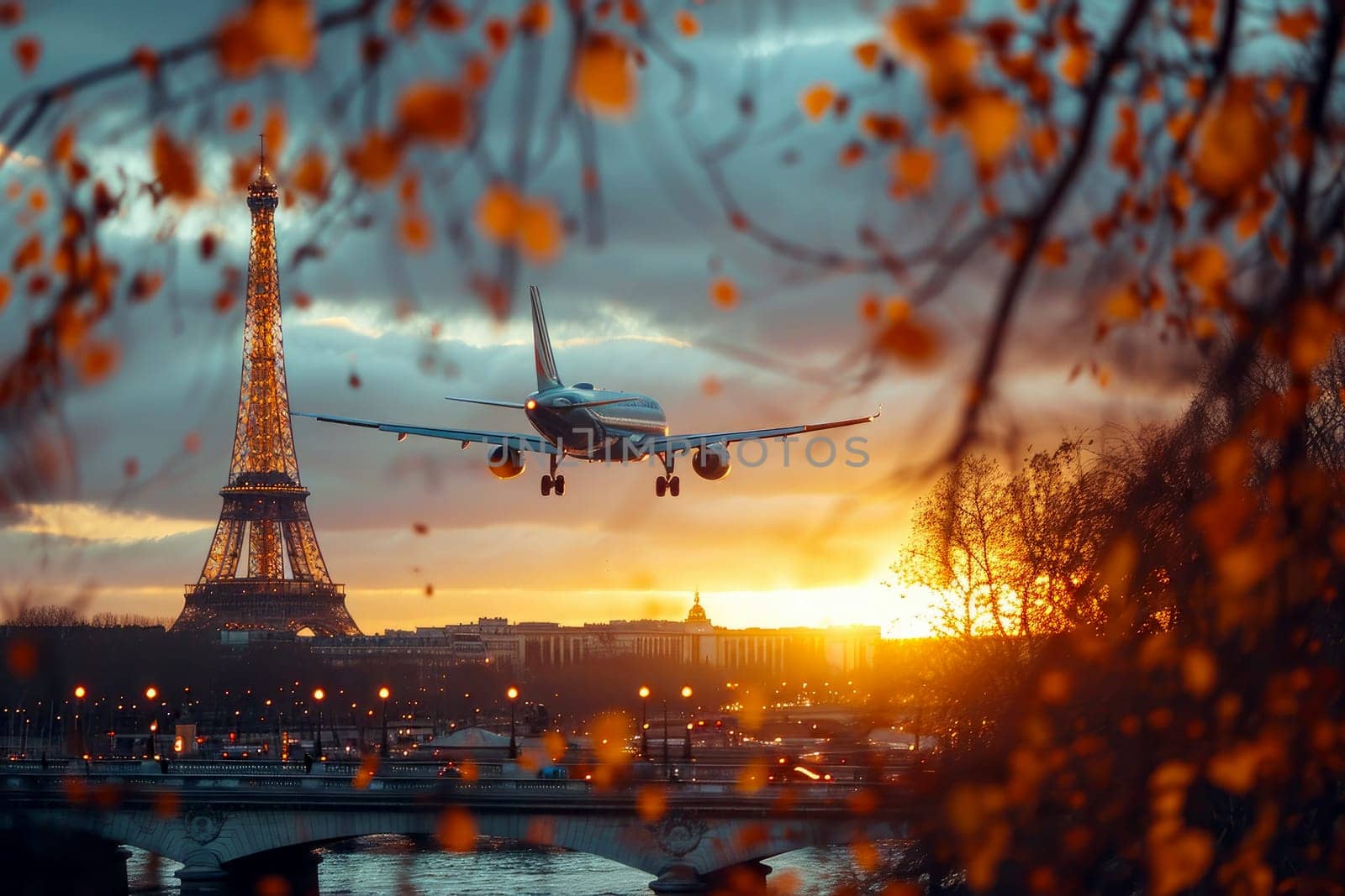 Airplane above Eiffel tower in Paris, c, travel Europe, scenic, relocation.ai generative.