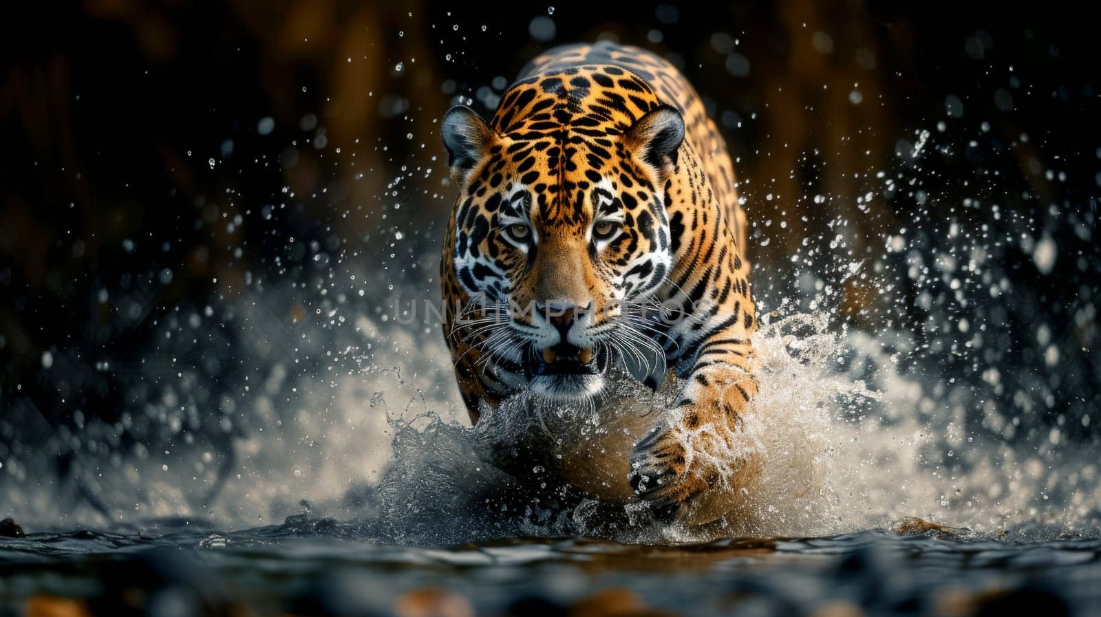 a close up of a leopard in the water with a splash of water on it's face and it's face..