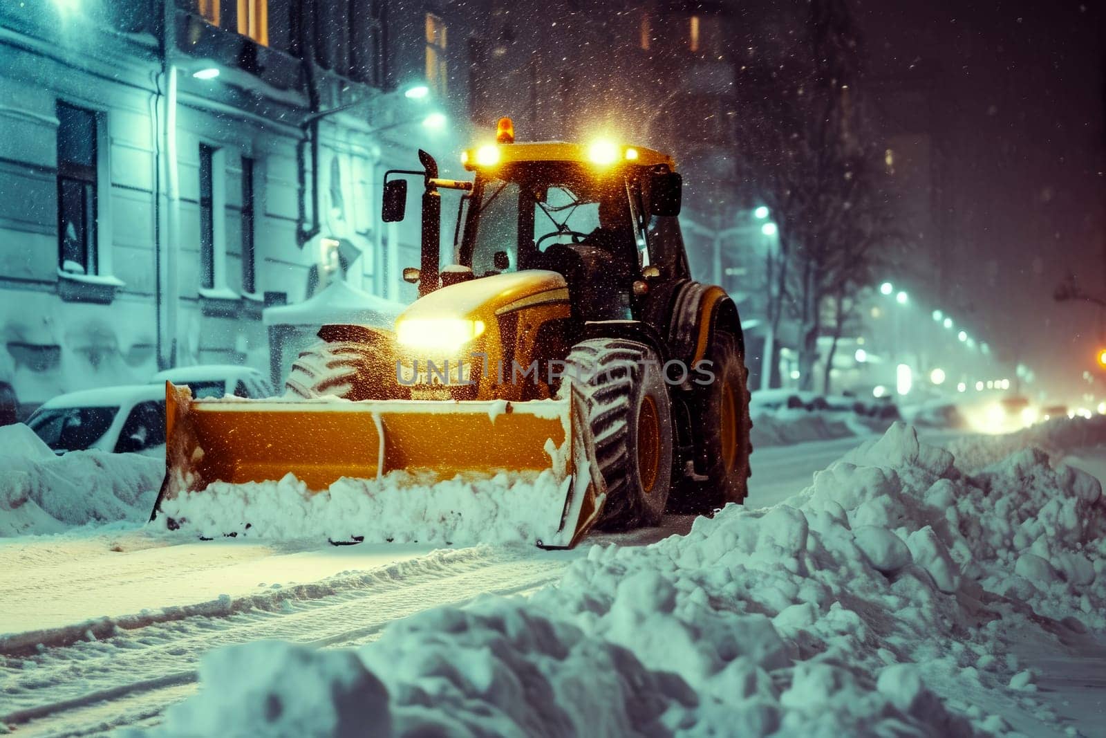 Tractor with Snow Plow Attachment Clearing Snow on Winter . Generative AI.
