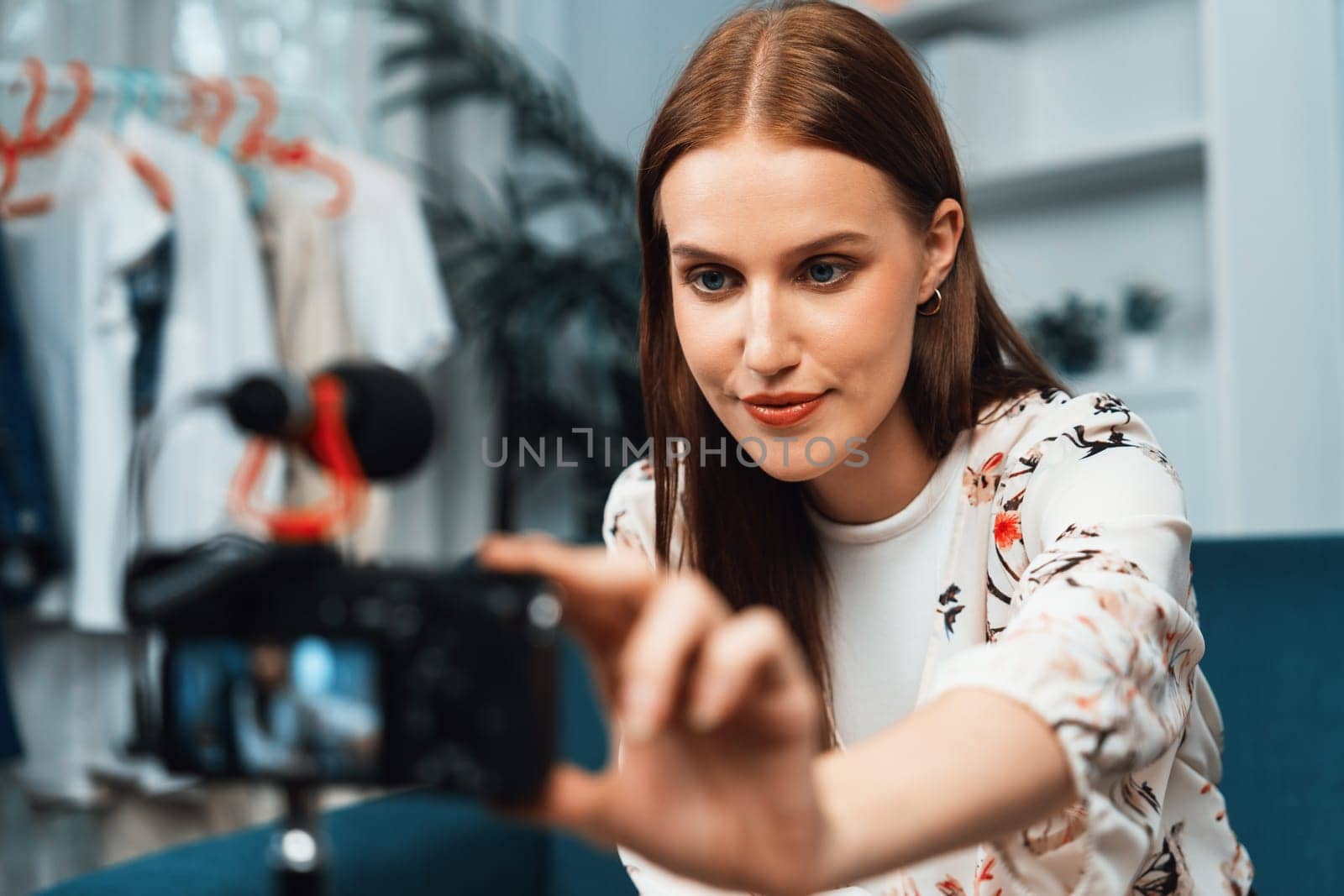 Woman influencer shoot live streaming vlog video review makeup utmost social by biancoblue