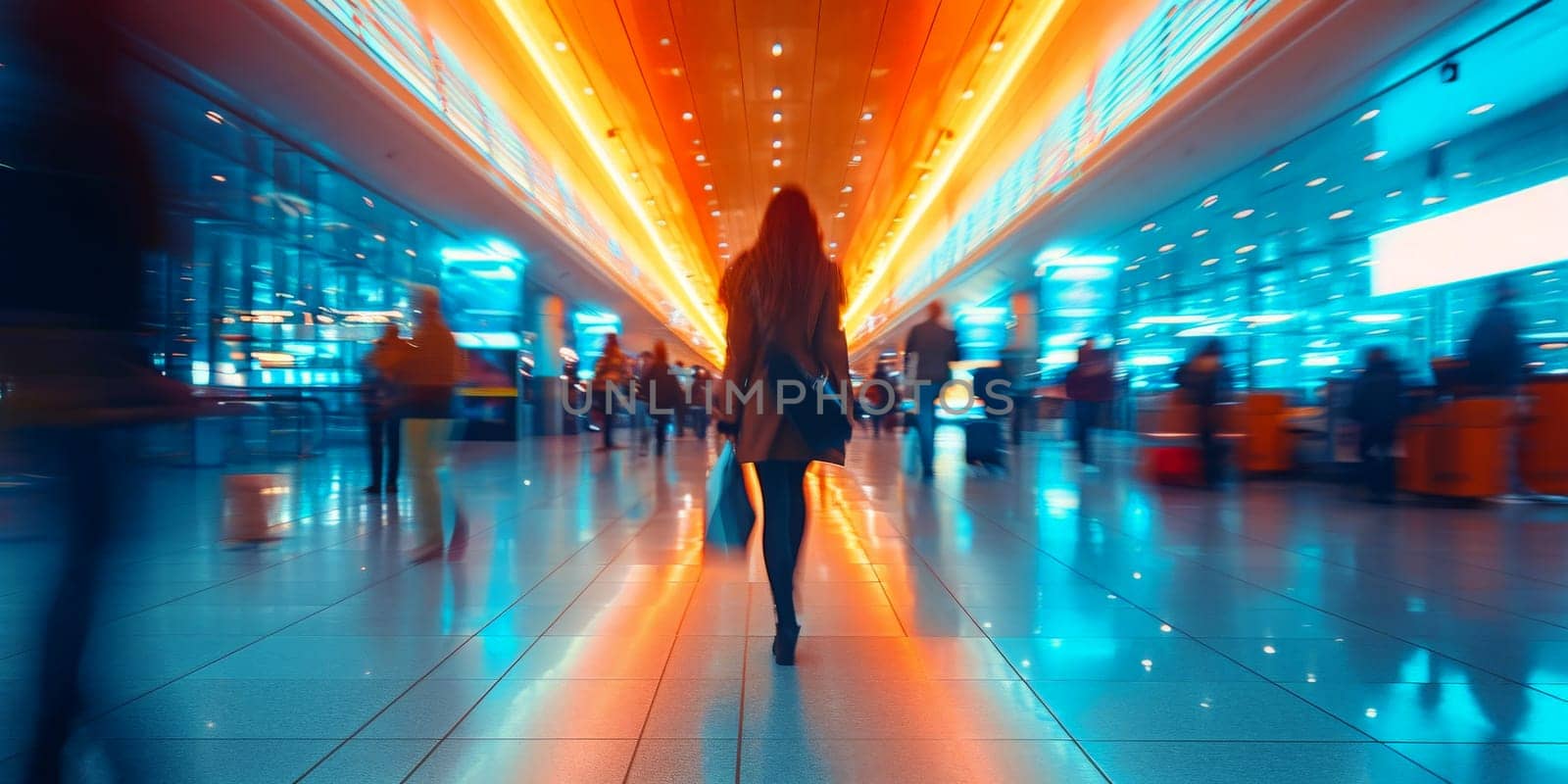 People passing at the airport. Motion Blur. Generative AI.