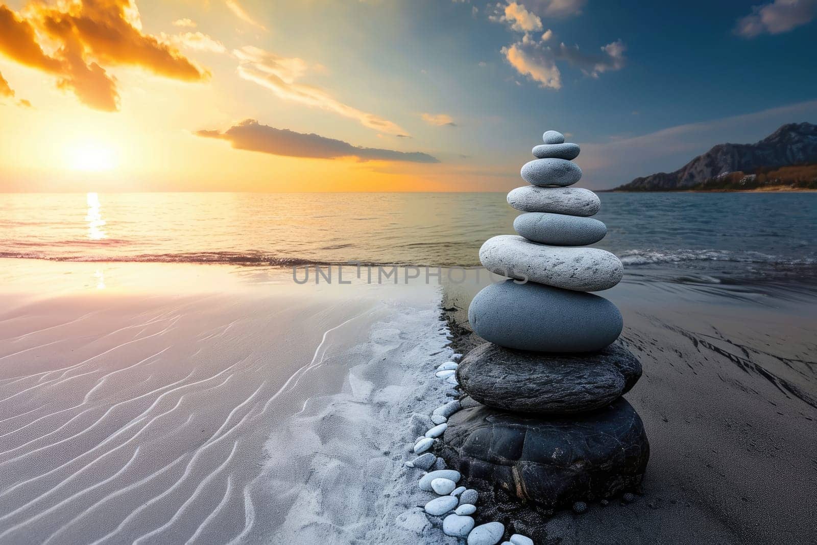 a stack of rocks sitting on top of a pile of rocks in day and night background . generative ai by matamnad