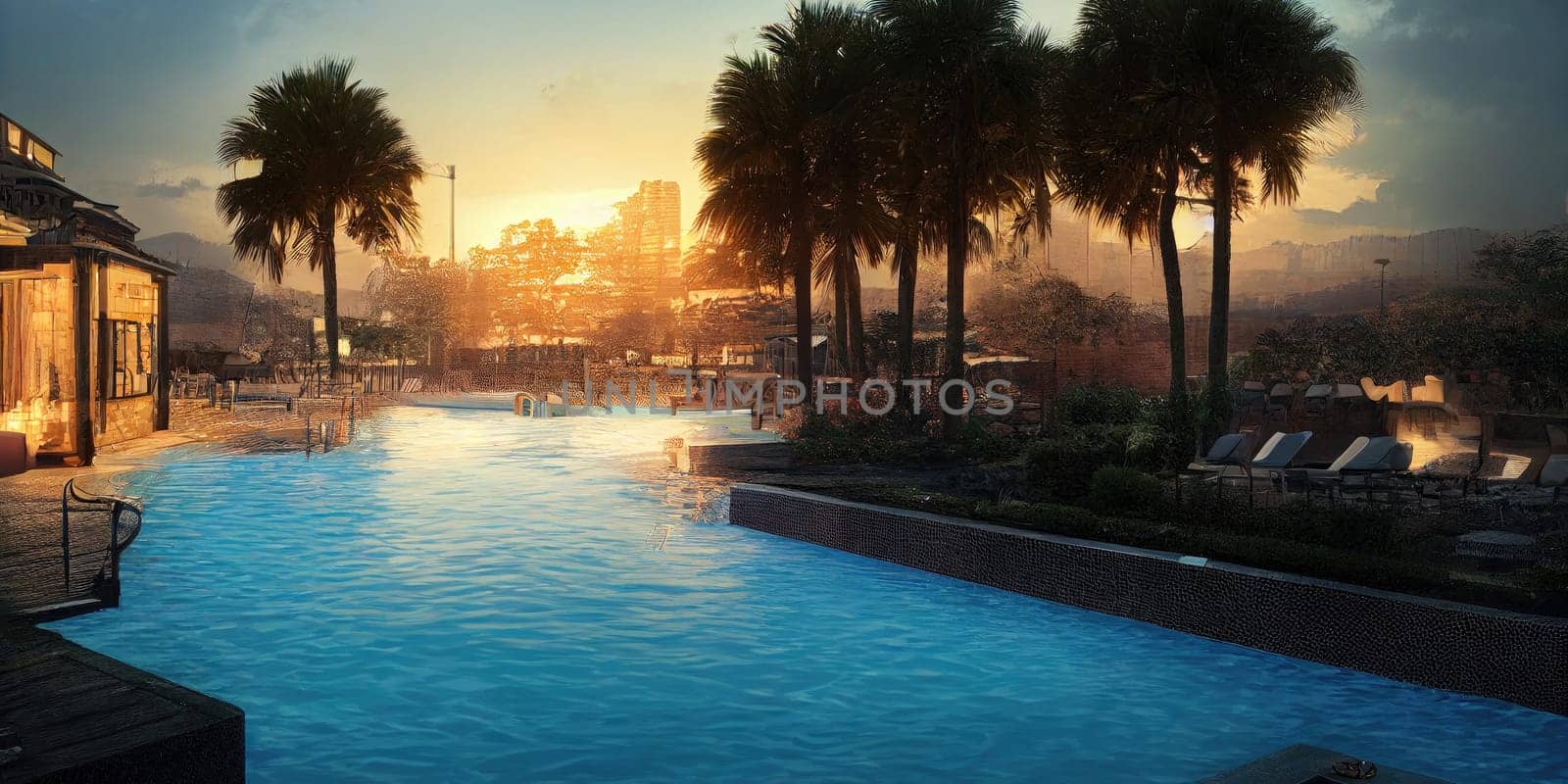 Beautiful tropical beach front hotel resort with swimming pool, paradise destination for vacations. Generative AI illustration. by Benzoix