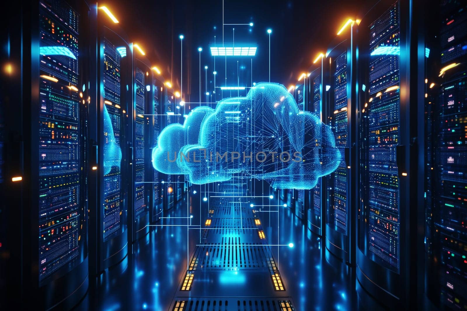 abstract futuristic Digital cloud data server with Cloud technology. AI generative..
