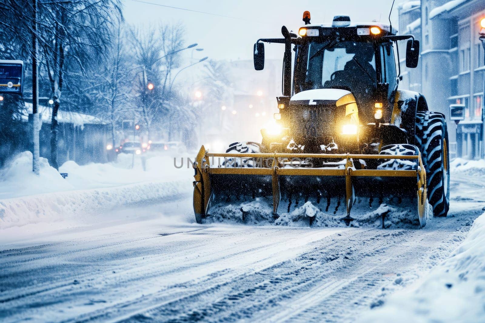 Tractor with Snow Plow Attachment Clearing Snow on Winter . Generative AI.