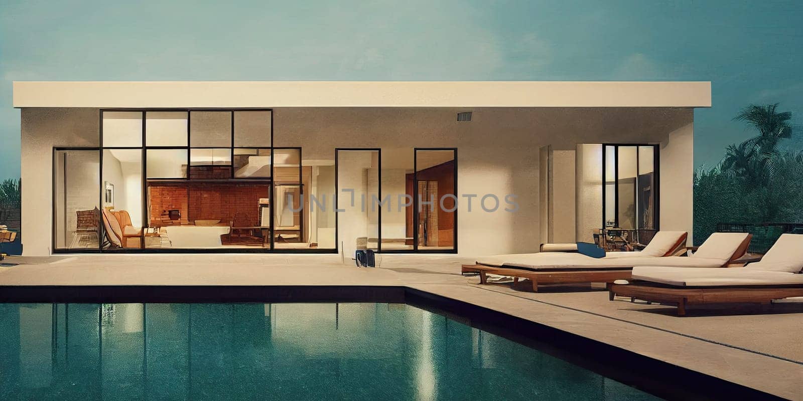 Luxury pool villa spectacular contemporary design digital art real estate , home, house and property, Generative AI illustration. by Benzoix