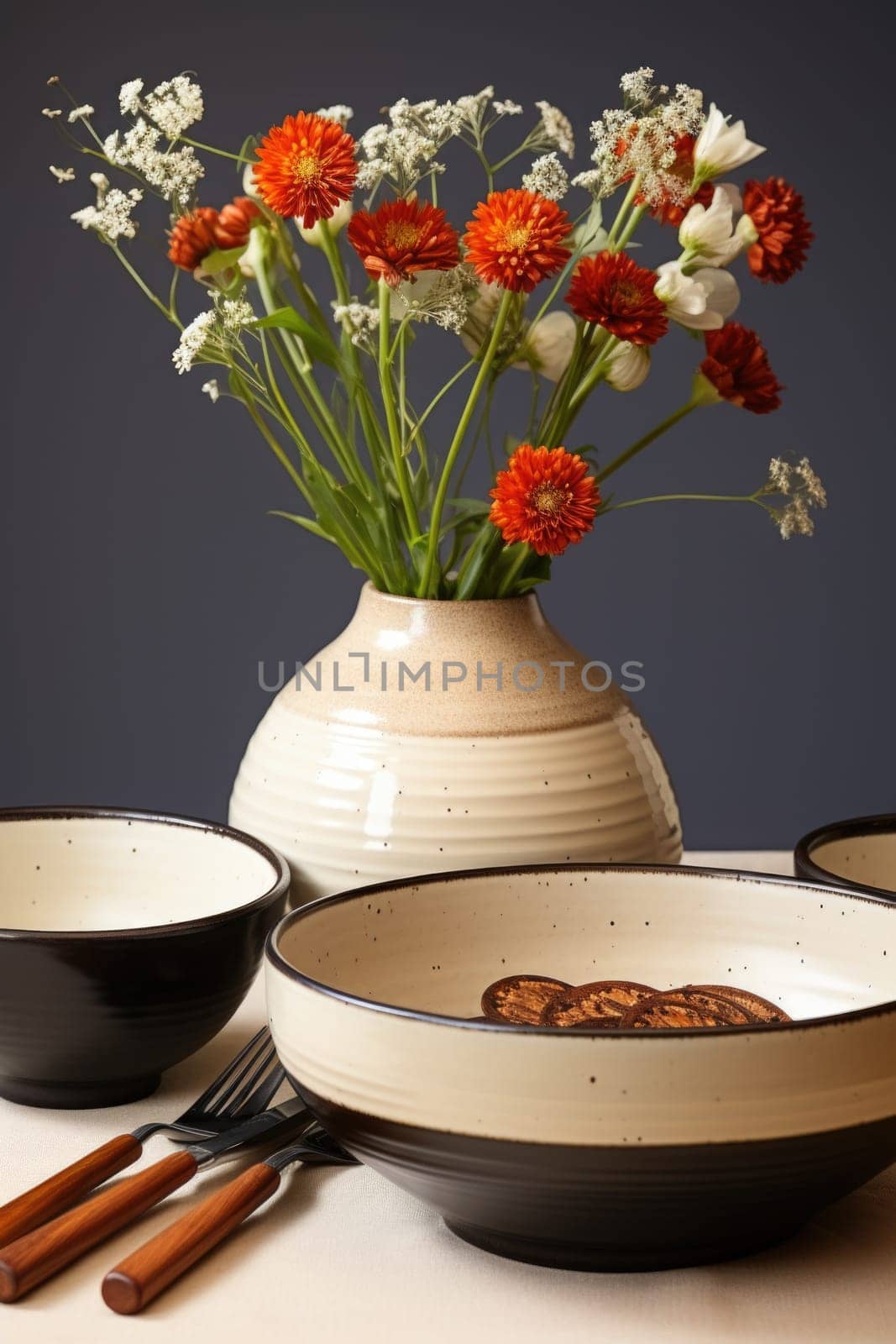 A table with a vase of flowers and bowls of food. Generative AI image. by starush
