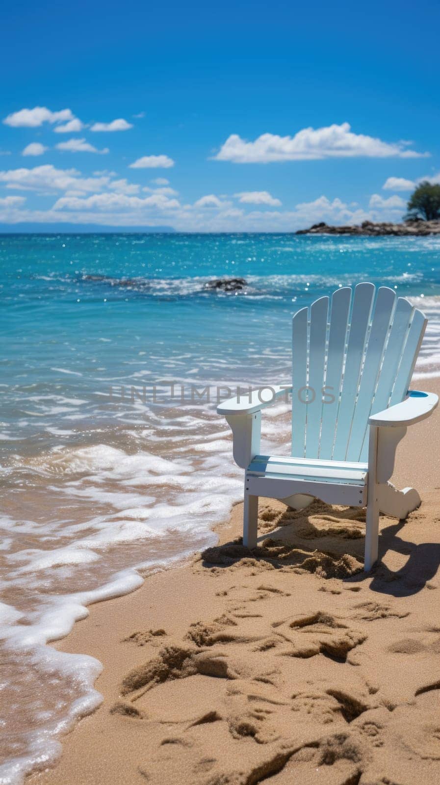 A white chair sitting on top of a sandy beach. Generative AI.