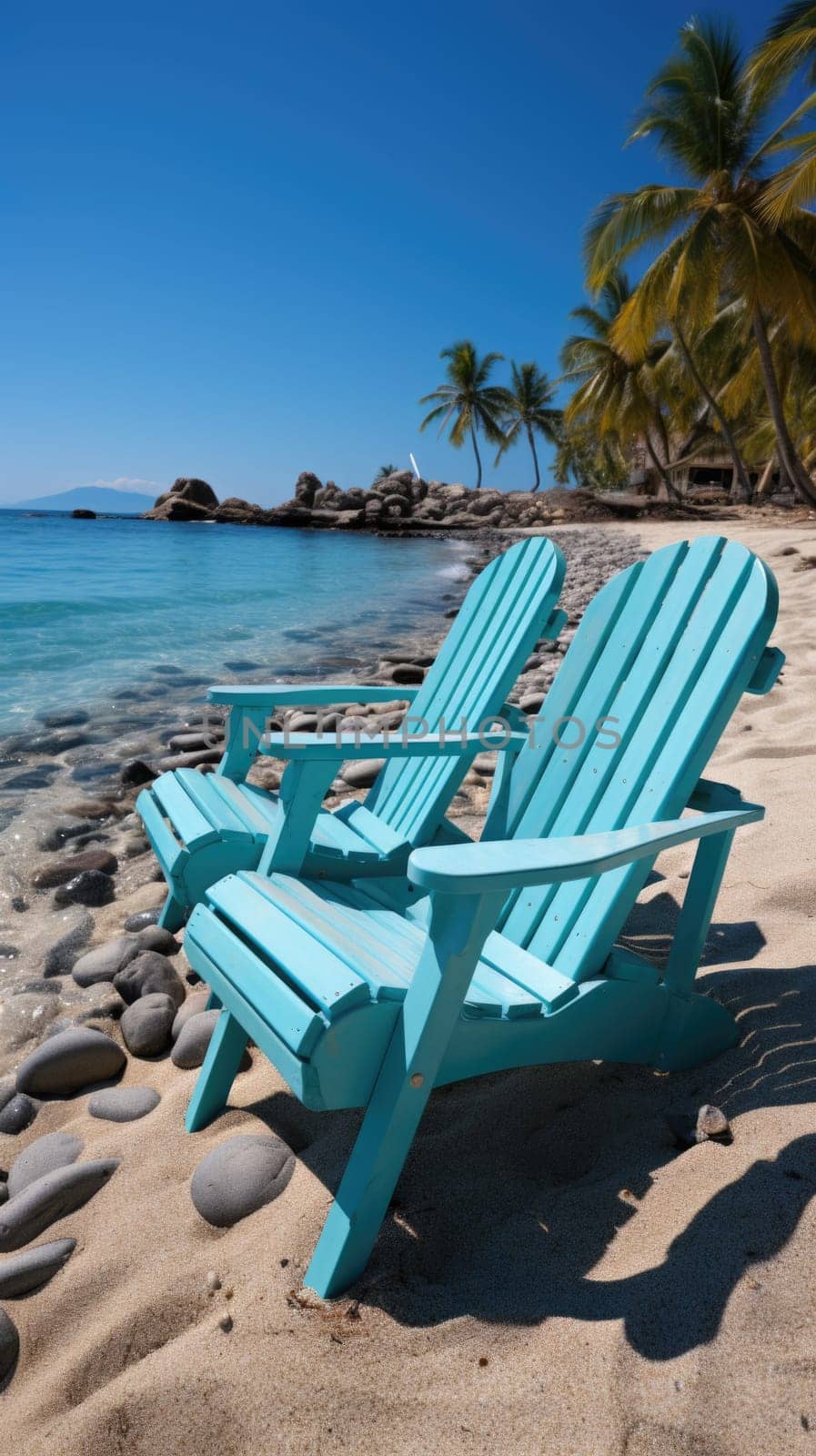 A pair of blue chairs sitting on top of a sandy beach. Generative AI.