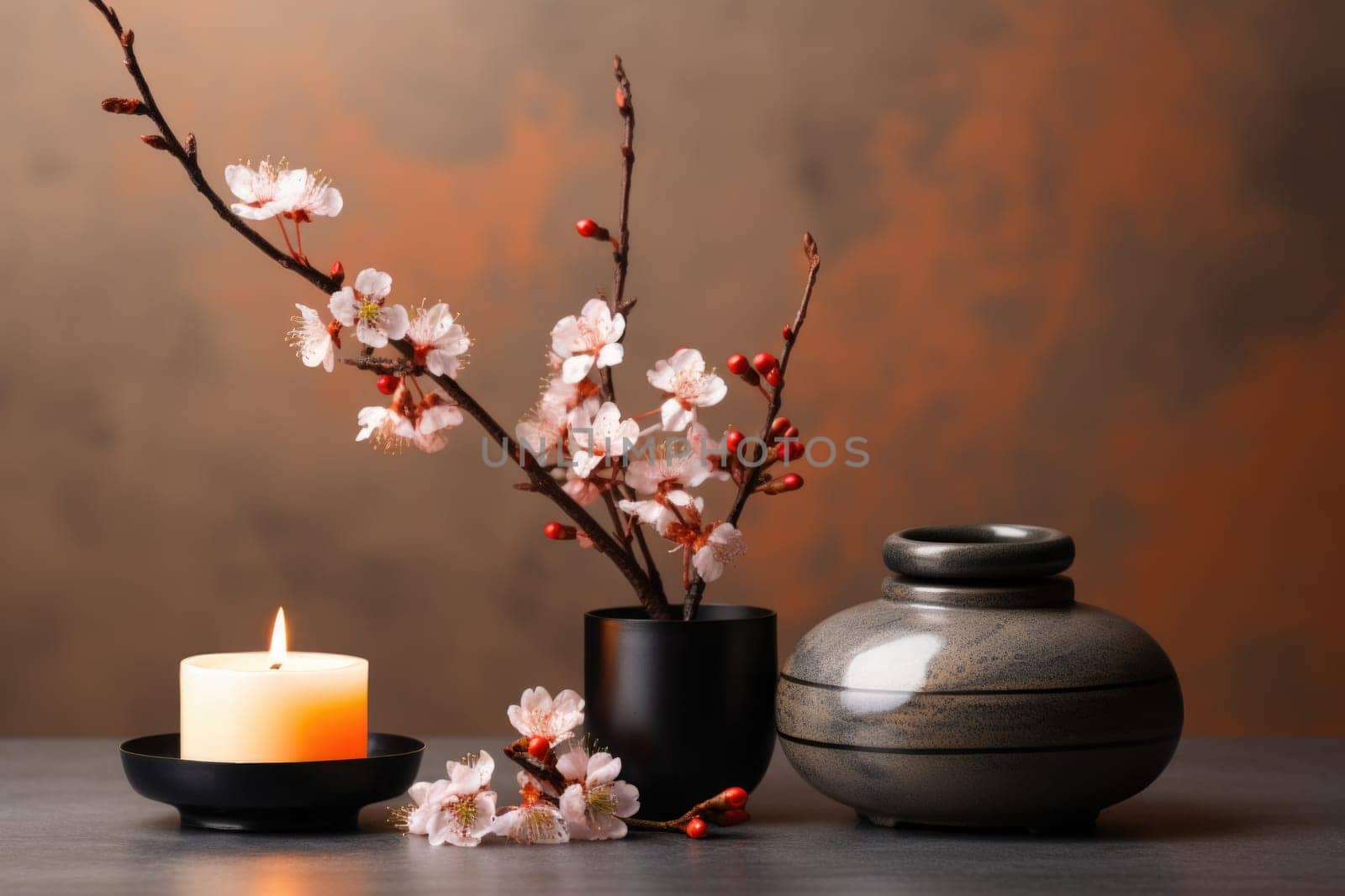 A vase with a candle and some flowers. Generative AI.