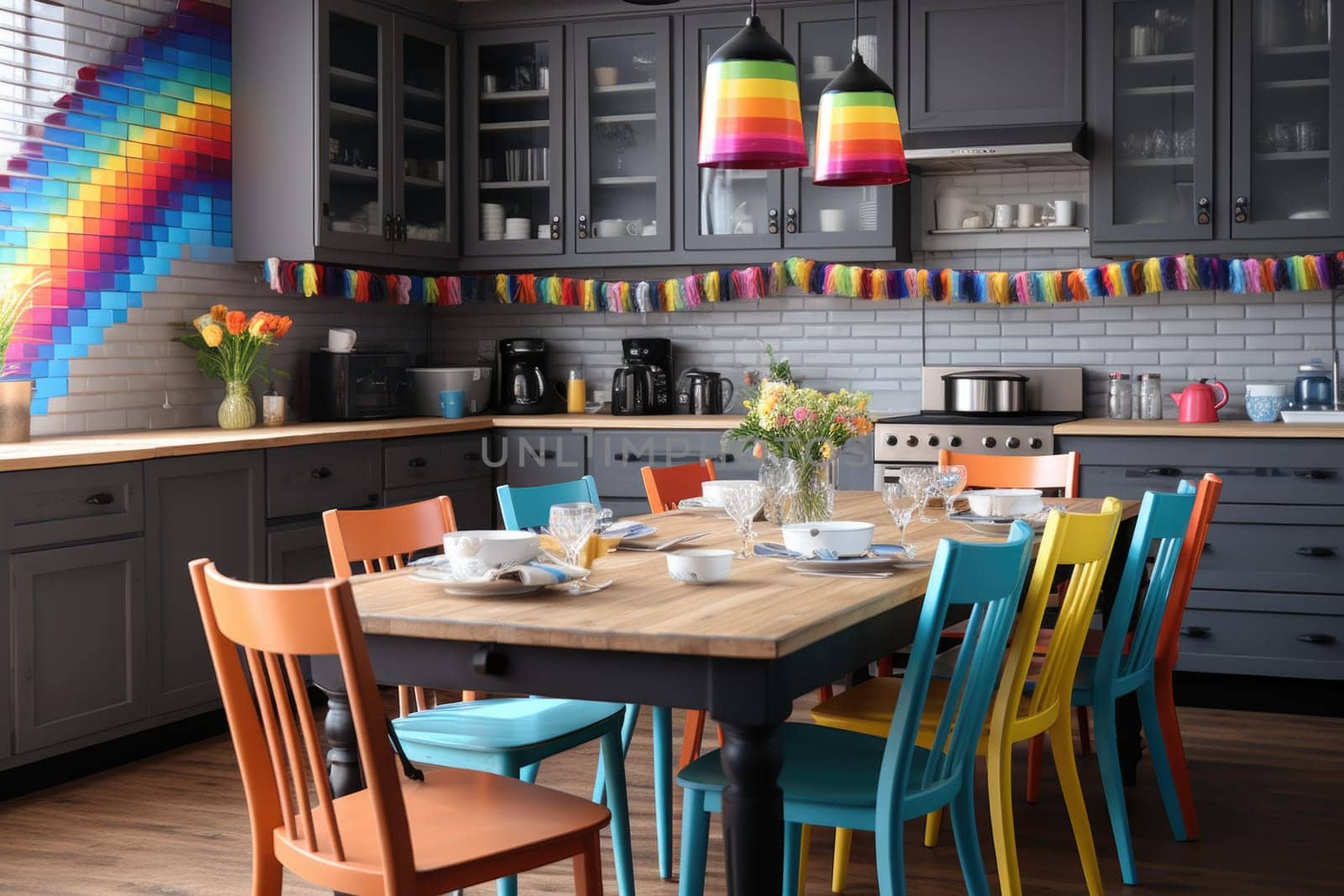 A kitchen with a wooden table and colorful chairs. Generative AI.