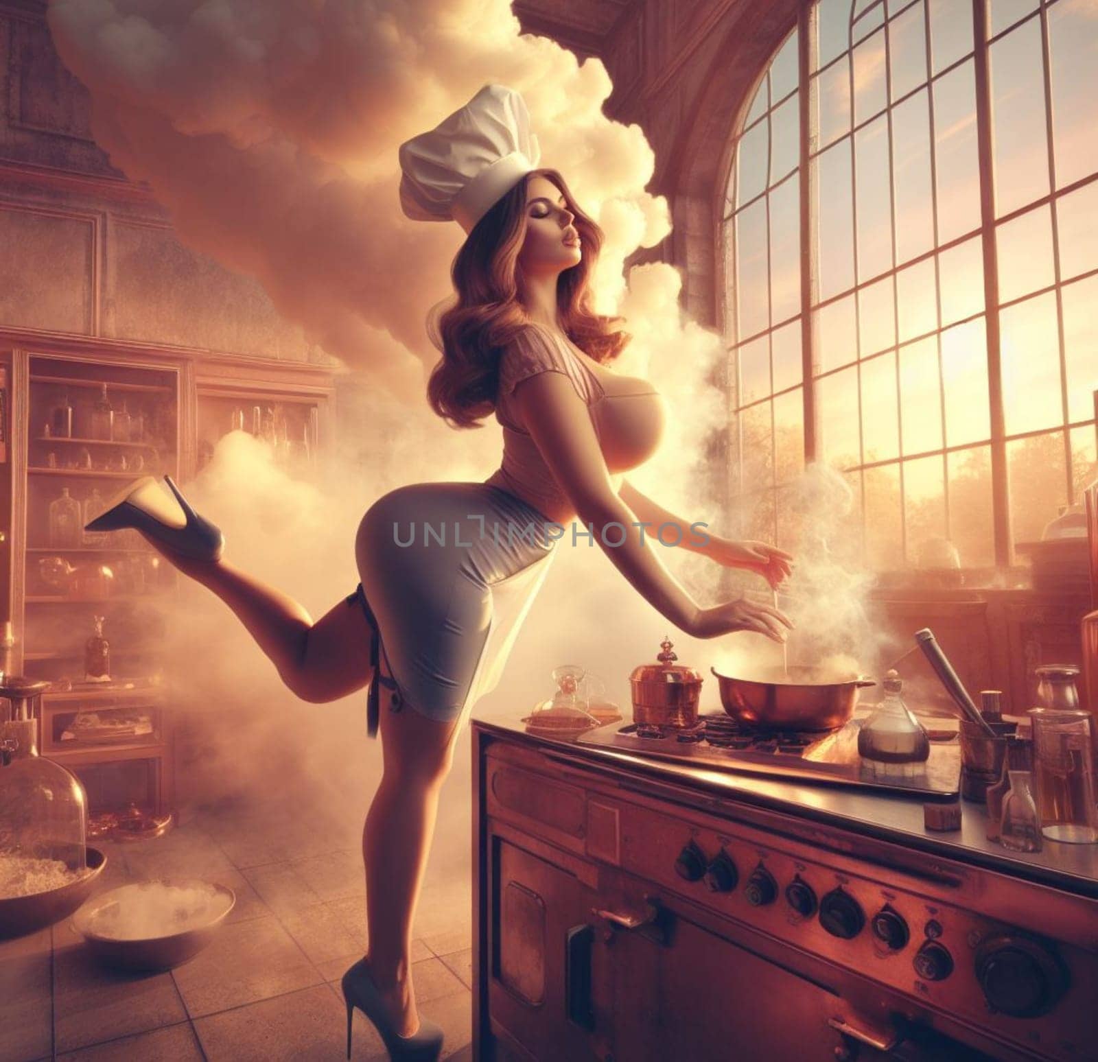 glamourous chef in steampunk kitchen with windiwn natural light cooking posing dancing singing illustration by verbano