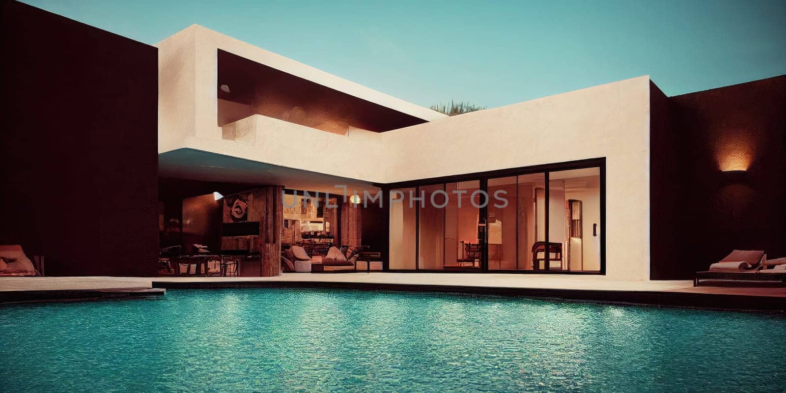Luxury pool villa spectacular contemporary design digital art real estate , home, house and property, Generative AI illustration. by Benzoix
