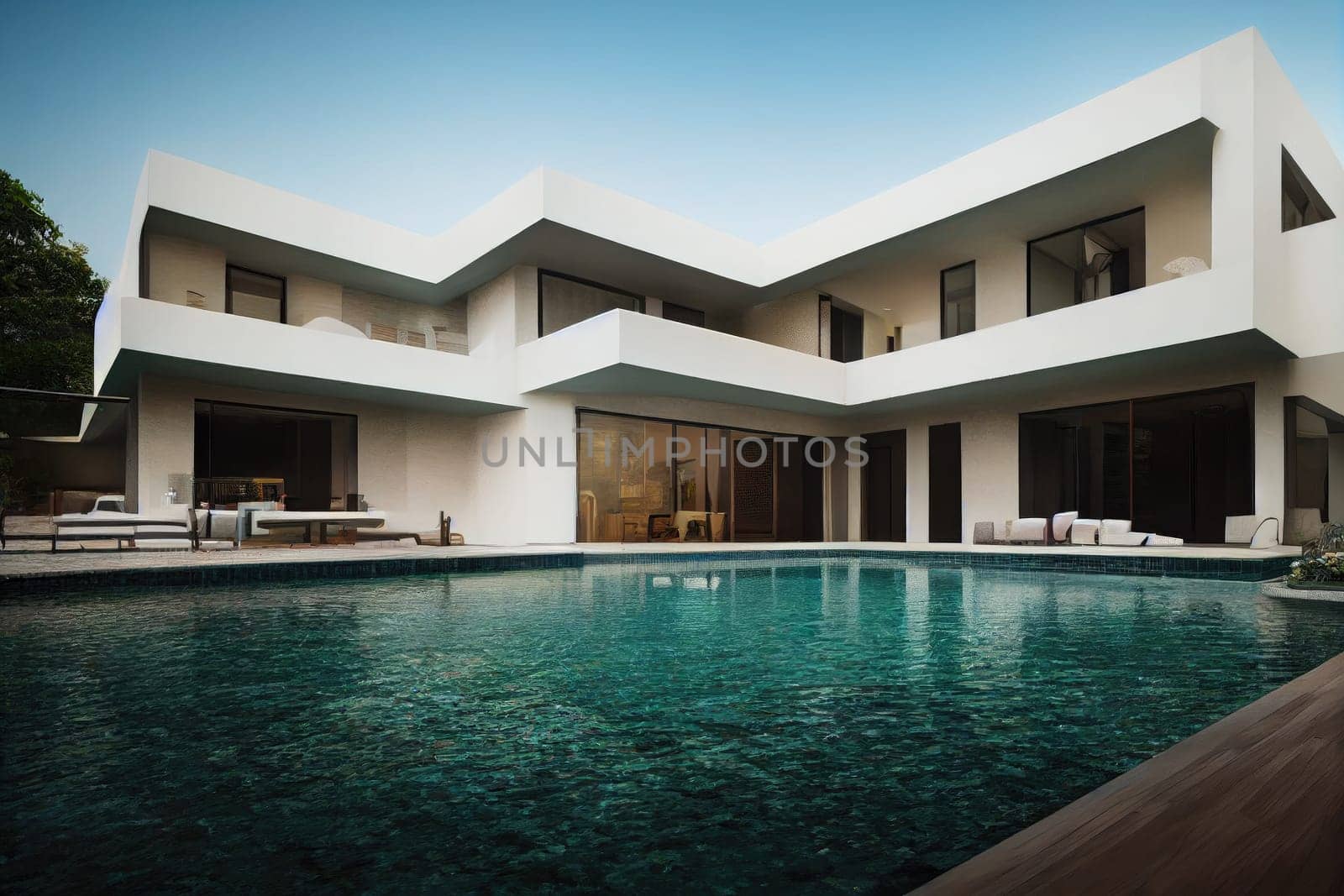 Luxury pool villa spectacular contemporary design digital art real estate , home, house and property, Generative AI illustration. by Benzoix