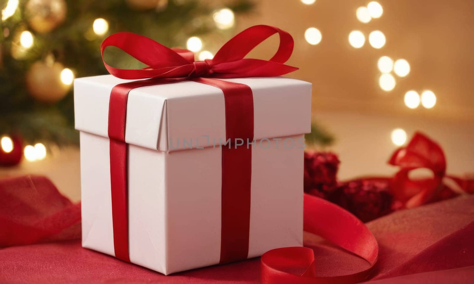 A beautifully wrapped gift adorned with a vibrant red bow sits elegantly against a backdrop of more presents and festive decorations. The scene captures the spirit of giving and the joy of the holiday season.