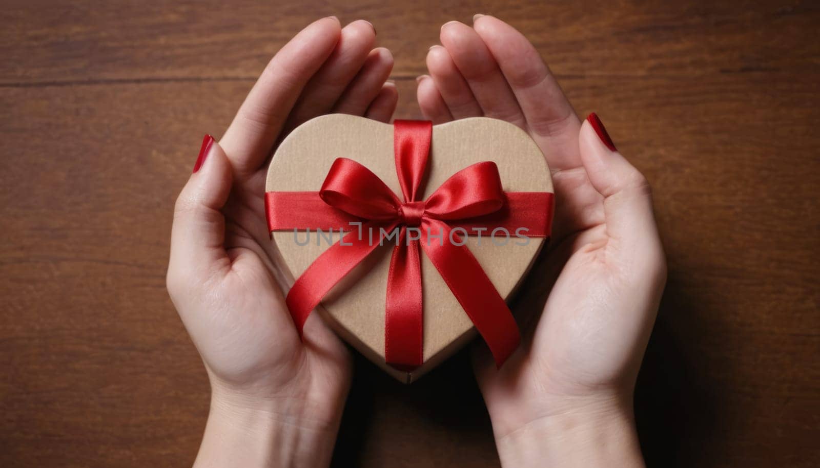 The image captures a tender moment of affection or love, with a warm and intimate setting. The wooden background contrasts with the smoothness of the hands and the gift box.
