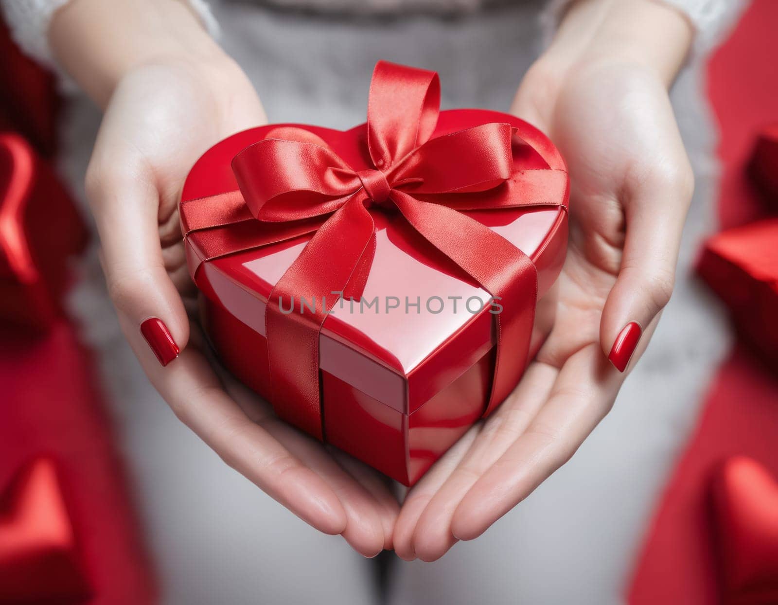 The image captures a tender moment of affection or love, with a warm and intimate setting. The wooden background contrasts with the smoothness of the hands and the gift box.
