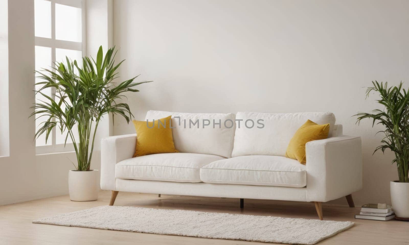 A bright and modern living room featuring a white sofa adorned with green cushions. The space is enhanced by various indoor plants and natural light pouring in through a large window. A perfect blend of comfort and contemporary style.