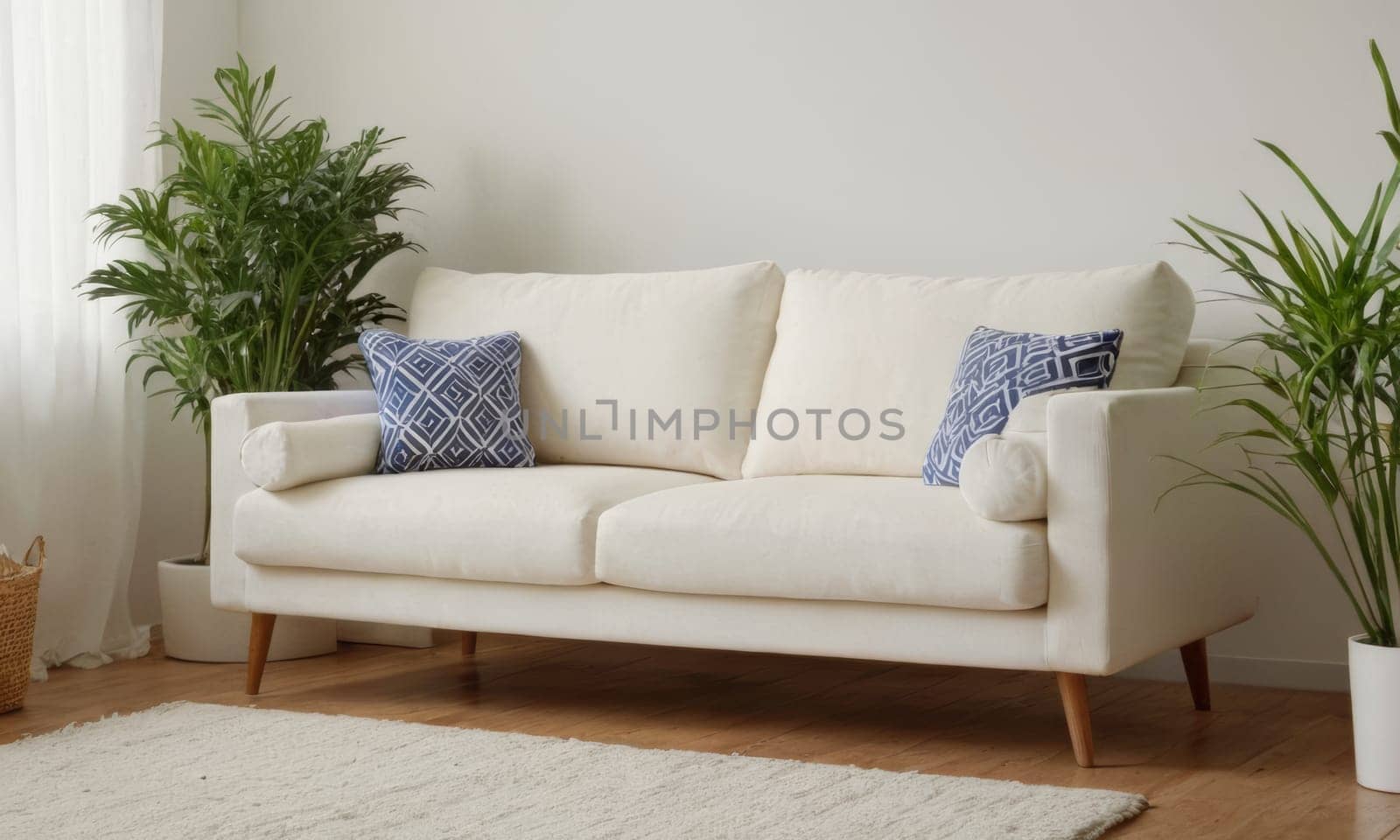 A bright and modern living room featuring a white sofa adorned with green cushions. The space is enhanced by various indoor plants and natural light pouring in through a large window. A perfect blend of comfort and contemporary style.