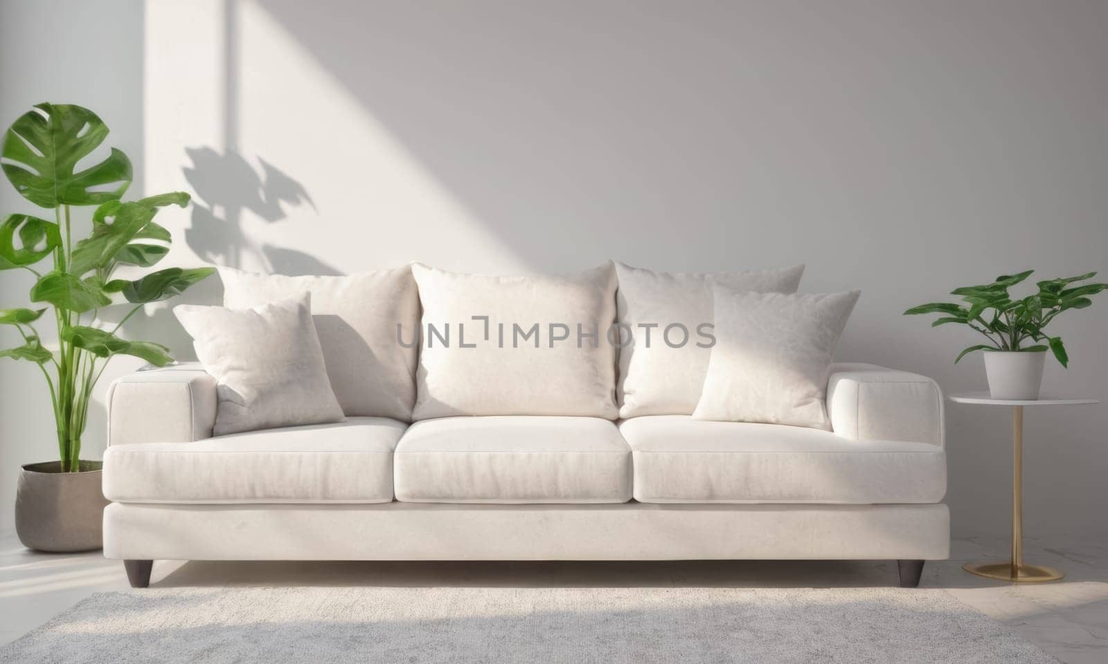 A bright and modern living room featuring a white sofa adorned with green cushions. The space is enhanced by various indoor plants and natural light pouring in through a large window. A perfect blend of comfort and contemporary style.