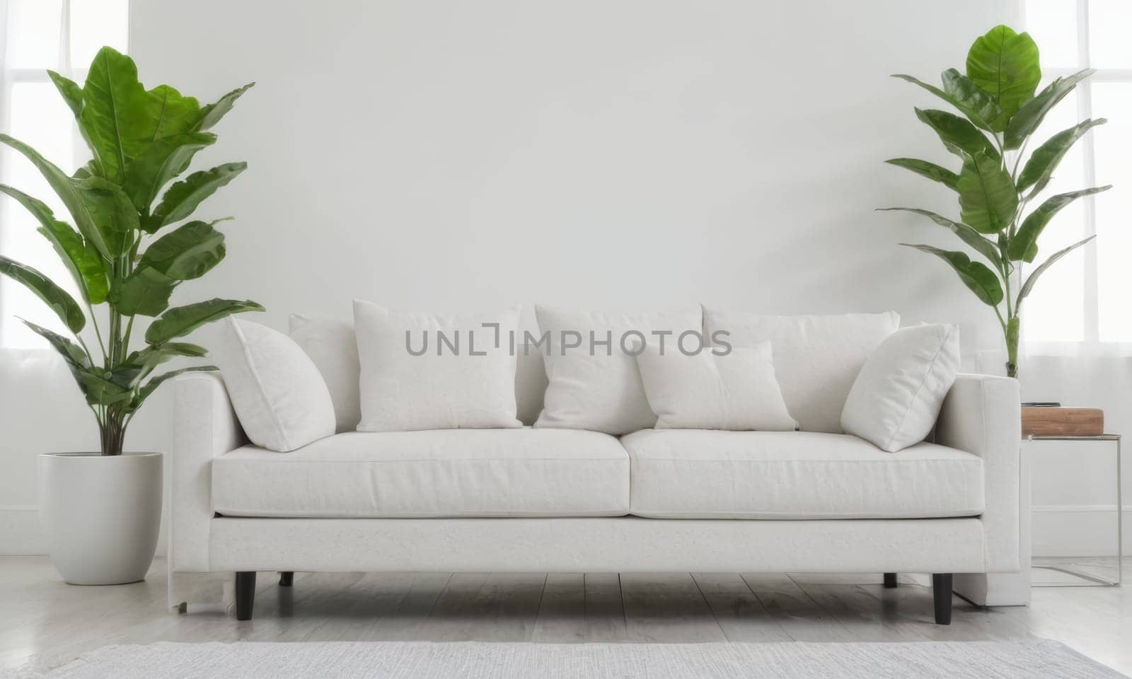 A bright and modern living room featuring a white sofa adorned with green cushions. The space is enhanced by various indoor plants and natural light pouring in through a large window. A perfect blend of comfort and contemporary style.