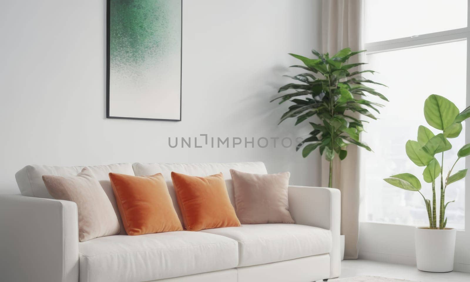 A bright and modern living room featuring a white sofa adorned with green cushions. The space is enhanced by various indoor plants and natural light pouring in through a large window. A perfect blend of comfort and contemporary style.