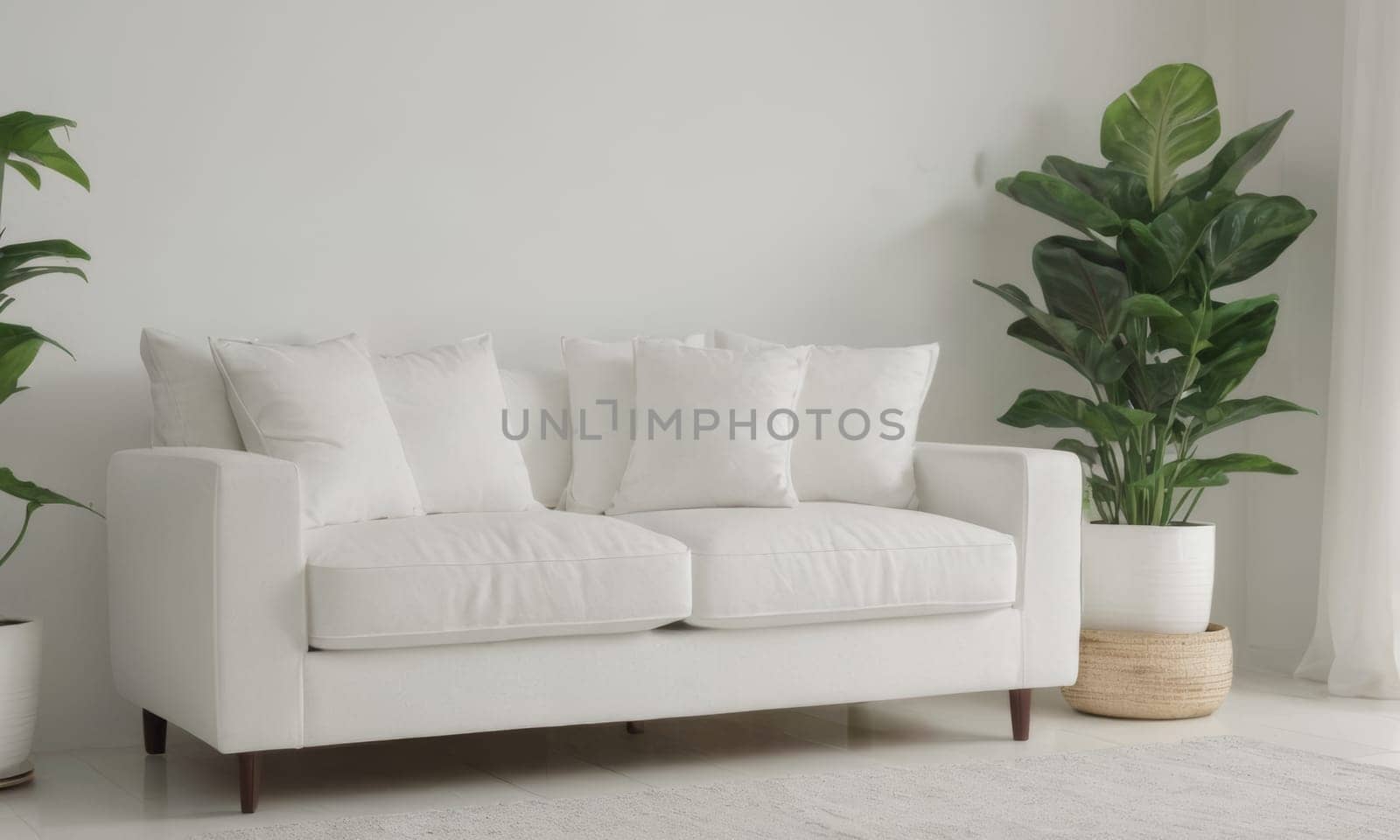 A bright and modern living room featuring a white sofa adorned with green cushions. The space is enhanced by various indoor plants and natural light pouring in through a large window. A perfect blend of comfort and contemporary style.