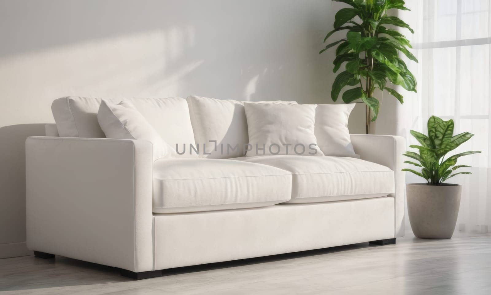 A bright and modern living room featuring a white sofa adorned with green cushions. The space is enhanced by various indoor plants and natural light pouring in through a large window. A perfect blend of comfort and contemporary style.