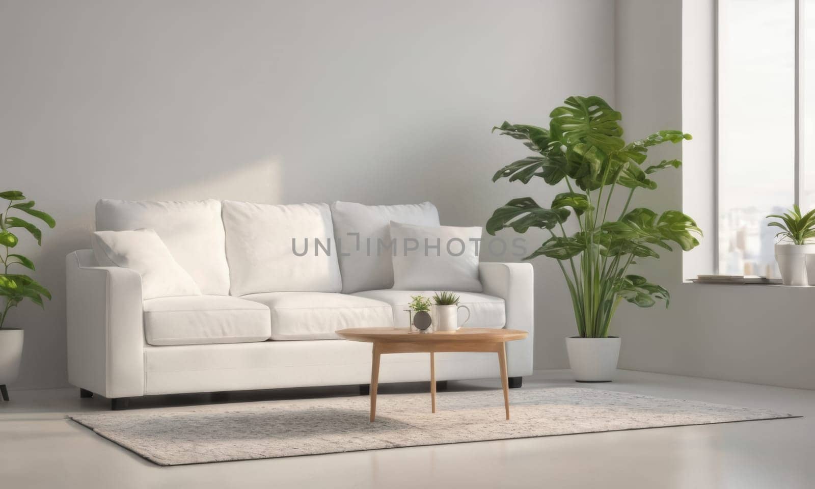 A bright and modern living room featuring a white sofa adorned with green cushions. The space is enhanced by various indoor plants and natural light pouring in through a large window. A perfect blend of comfort and contemporary style.