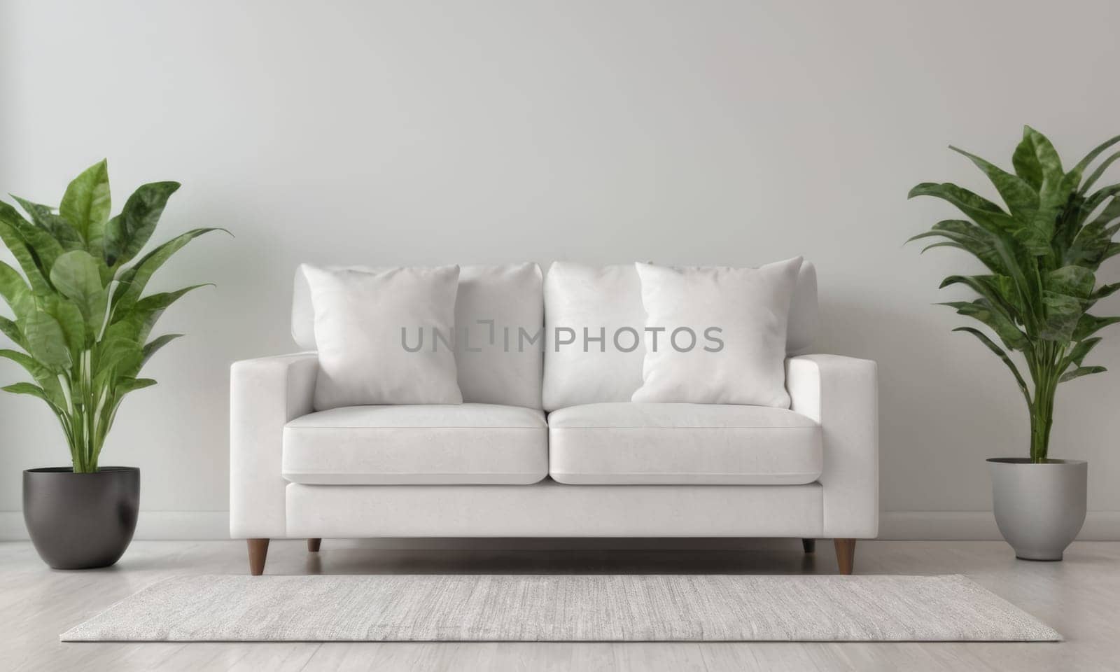 A bright and modern living room featuring a white sofa adorned with green cushions. The space is enhanced by various indoor plants and natural light pouring in through a large window. A perfect blend of comfort and contemporary style.