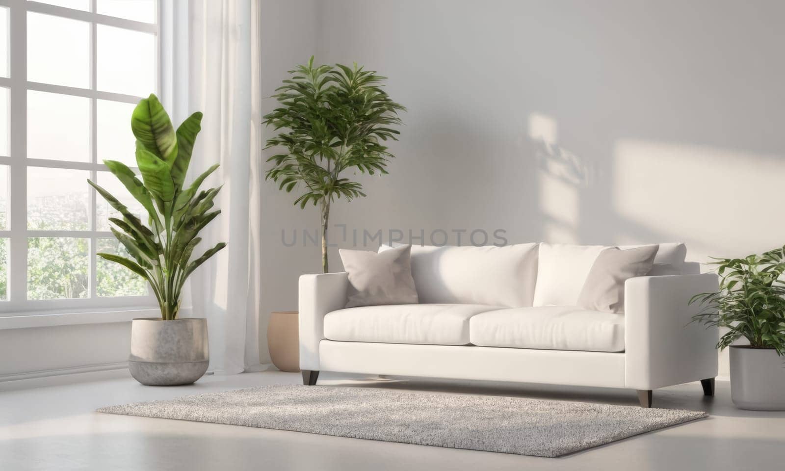 A bright and modern living room featuring a white sofa adorned with green cushions. The space is enhanced by various indoor plants and natural light pouring in through a large window. A perfect blend of comfort and contemporary style.