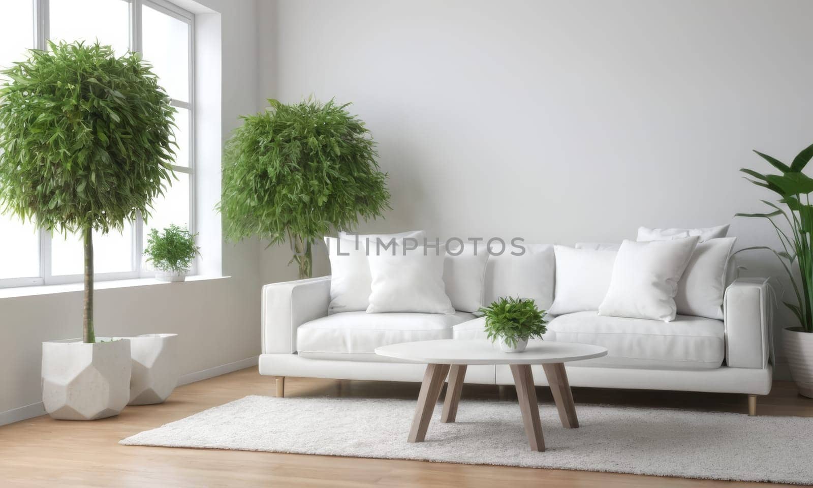 A bright and modern living room featuring a white sofa adorned with green cushions. The space is enhanced by various indoor plants and natural light pouring in through a large window. A perfect blend of comfort and contemporary style.