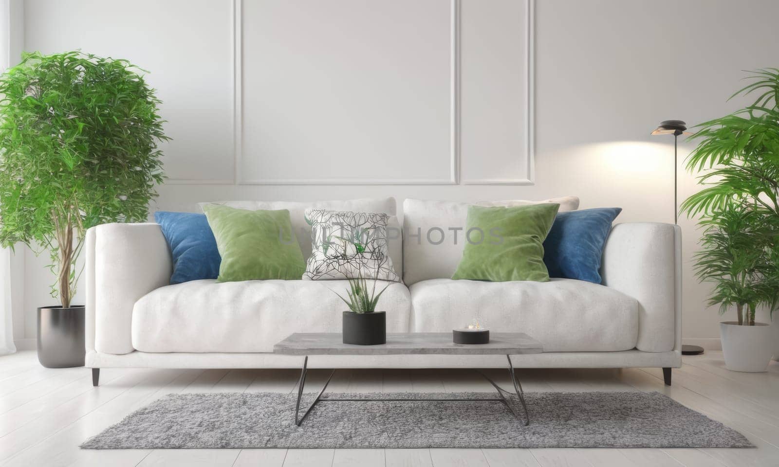 A bright and modern living room featuring a white sofa adorned with green cushions. The space is enhanced by various indoor plants and natural light pouring in through a large window. A perfect blend of comfort and contemporary style.