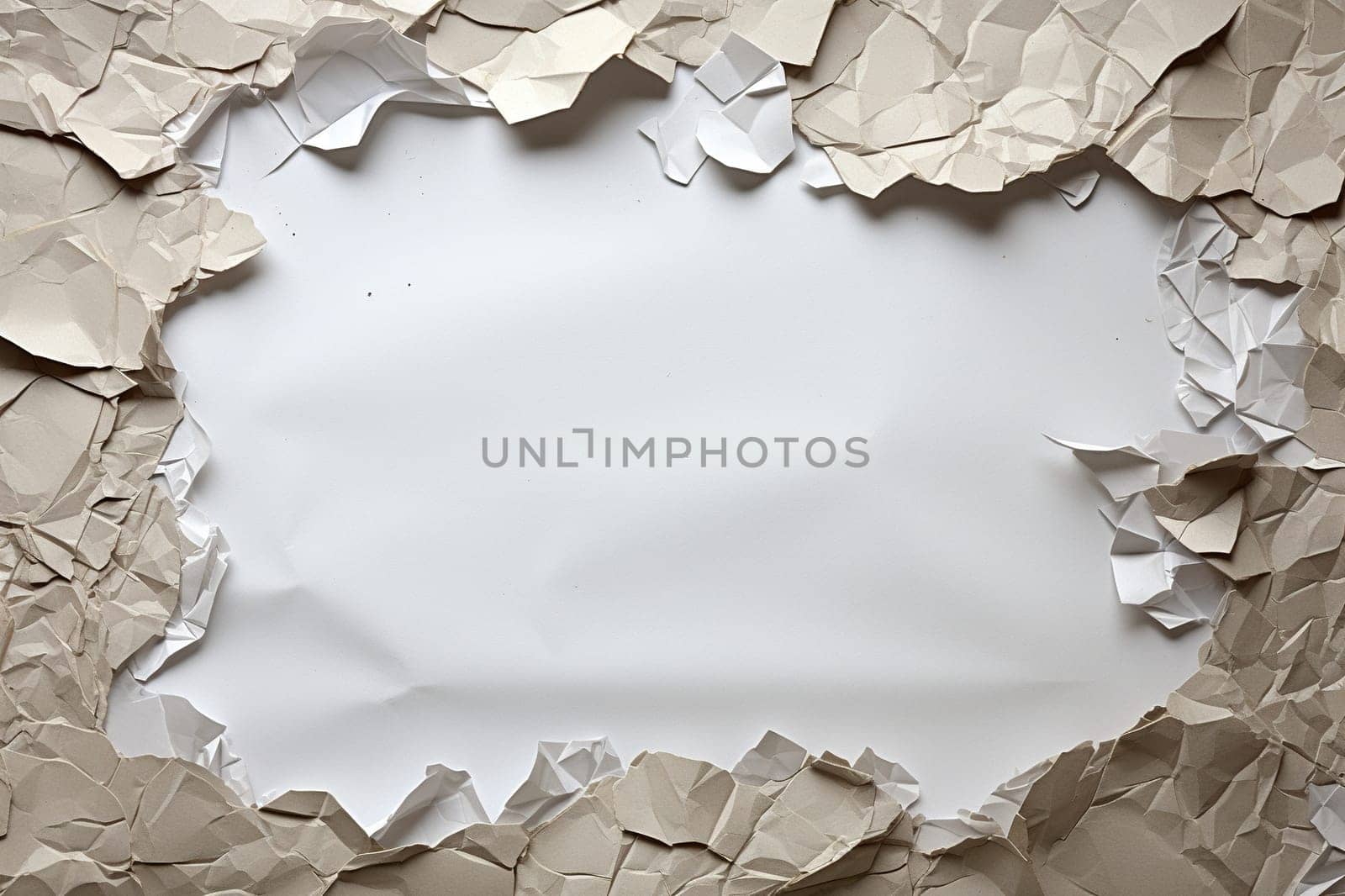 White background with scraps of crumpled paper around the edges.