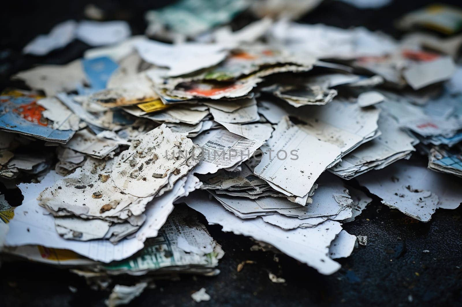 A pile of old dirty scraps of papers and newspapers on the ground.