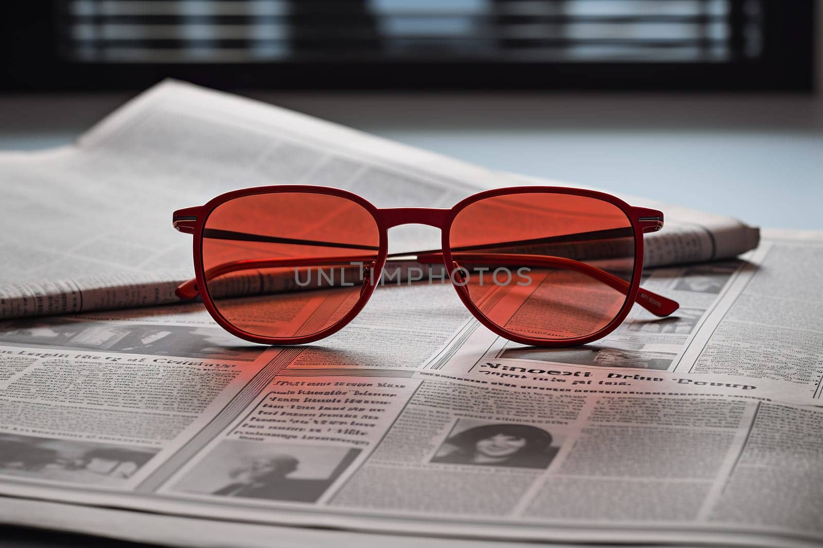 Glasses with red lenses lie on top of the newspaper.