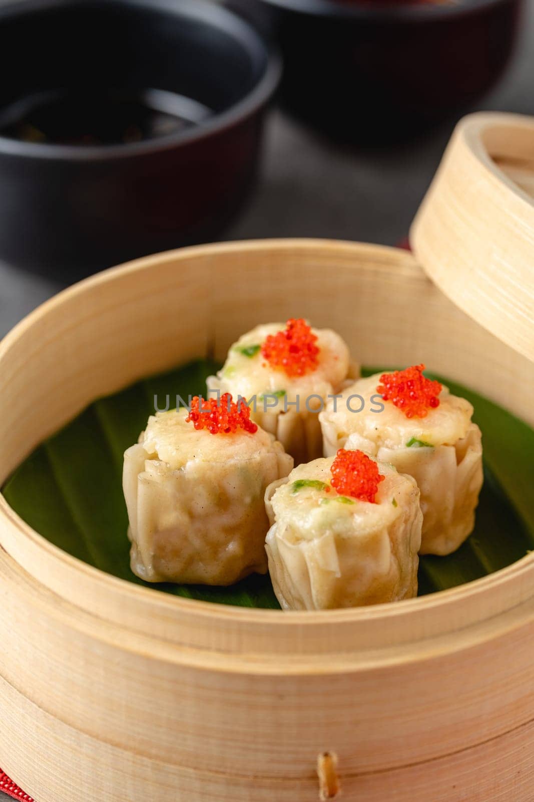 Shumai with shrimp and mushrooms, a traditional Chinese dumpling often served with dim sum